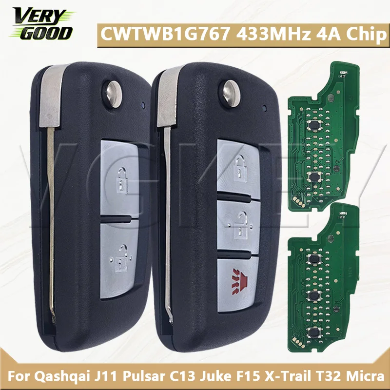

VG CWTWB1G767 For Qashqai J11 Pulsar C13 Juke F15 X-Trail T32 Micra 4A PCF7961M Chip 433MHz Smart Flip Remote car key 2/3Buttons