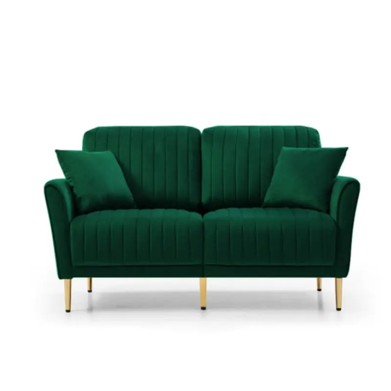 2-Seater Sofa Couch With Channel Tufted on Back and Seat Cushions, Two Throw Pillows, Velvet Green