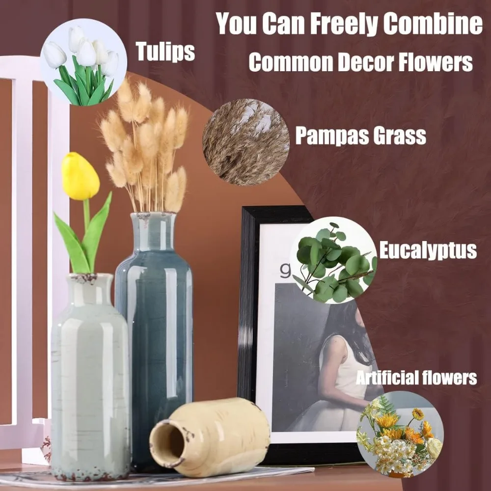 3-Piece Multicolor Ceramic Vase Set - Coastal Farmhouse Decor for Living Room, Dining Table, Shelf Display