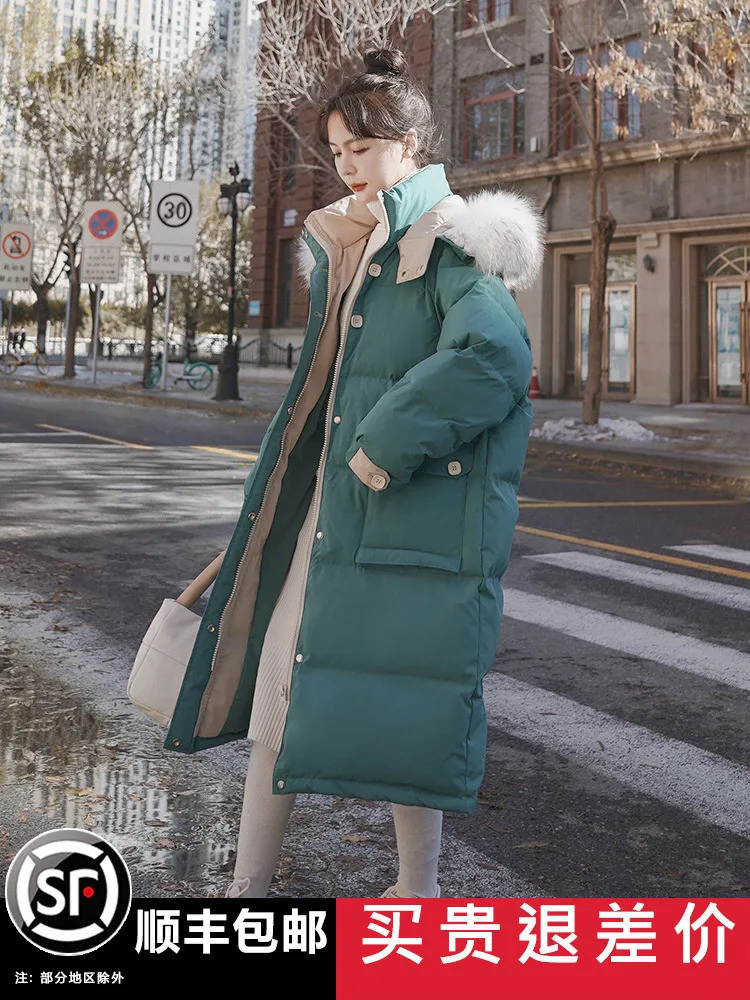 2023 New Winter Women Cotton Coat Hooded Thickened Wool Collar Parkas Mid Length Women Down Cotton Warm Coat Snow Wear Overcoat