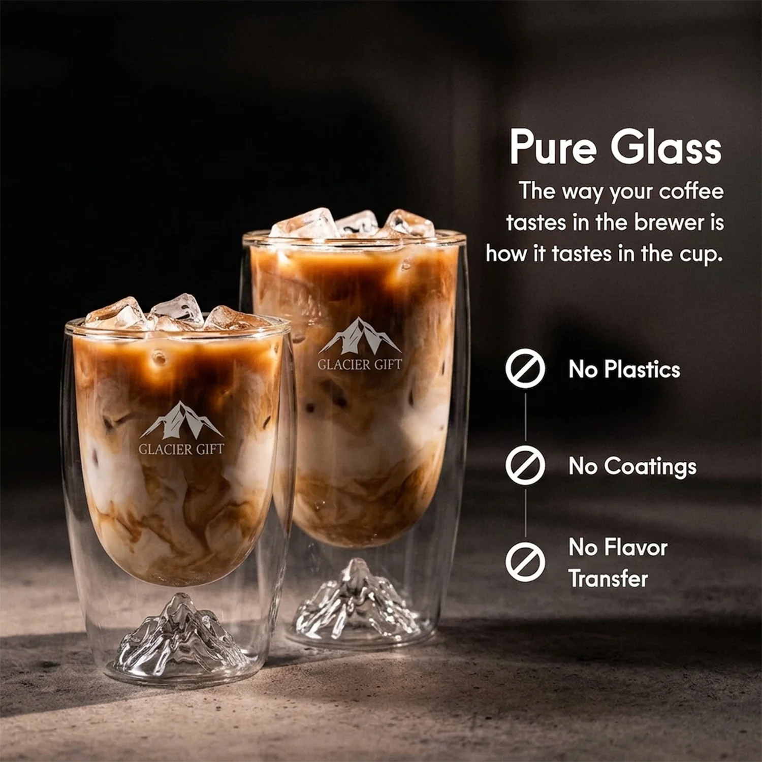 2 Pack Clear Double Walled Glass Coffee Mugs Set Insulated 3D Iceberg Design 7.5 Oz & 11.8 Oz Glass Cups for Hot And Cold Bevera