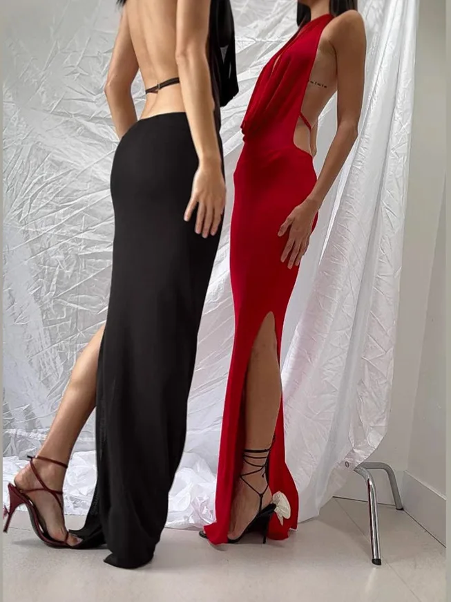 Vestido sexy con escote en V y espalda descubierta con abertura lateral, vestido elegante de satén para fiesta, vestido largo formal, vestido ajustado de cóctel elegante