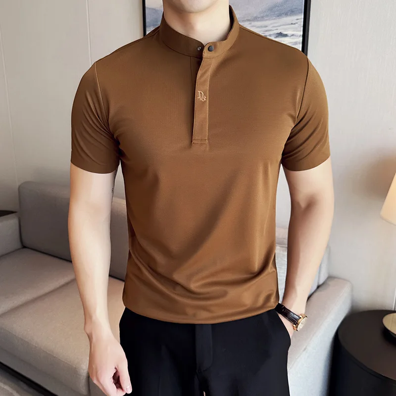 Men Polo Shirt, Chinese Standing Collar, 2024 Summer New Light and Thin Solid Color Casual Short Sleeved T-shirt, Men\'s Clothing