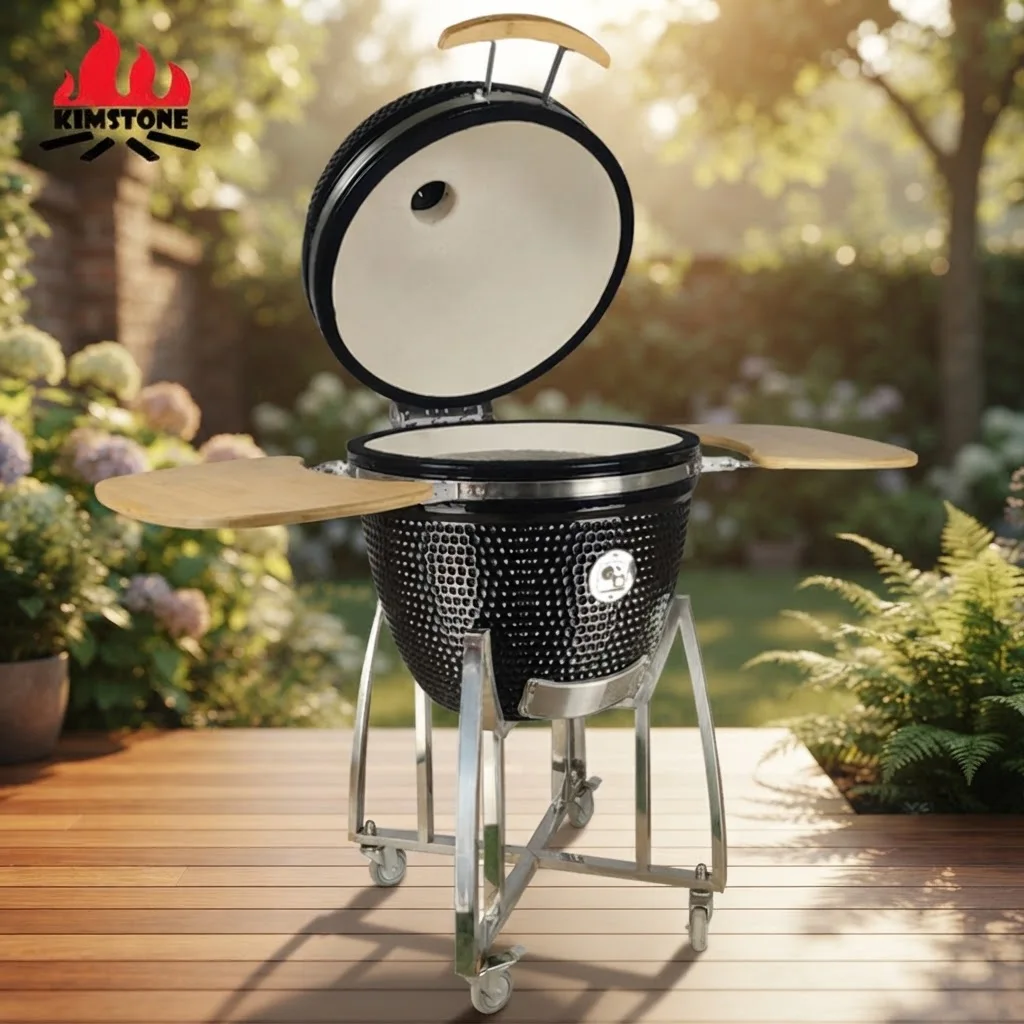 23.5 Inch Premium Ceramic Kamado Charcoal Grill Smoker with Folding Side Table Porcelain Enamel Finish & Trolley for Outdoor Use