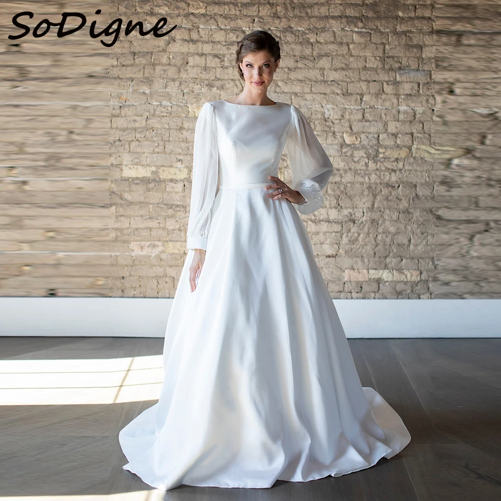 

SoDigne Satin A-line Wedding Dresses Full Sleeves O-neck Bridal Dress Elegant Long Bridal Gown vestidos de novia Customized