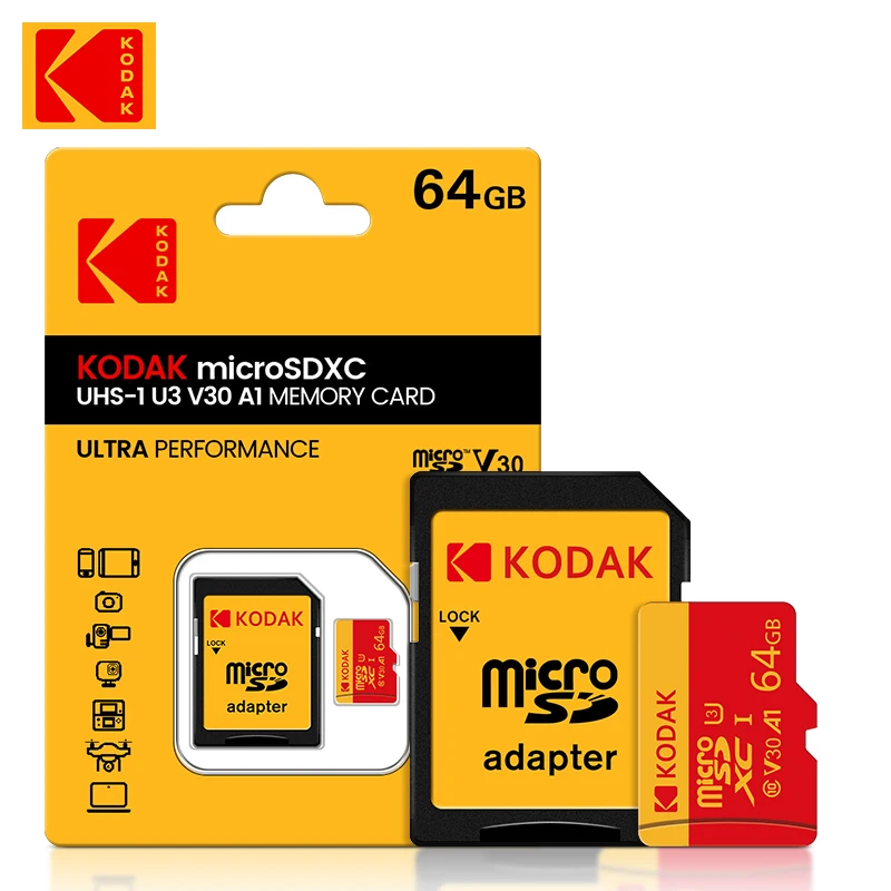 10Pcs Kodak Original TF Micro SD Card 128GB Memory Card Microsd C10 U3 Flash Card 64GB with SD Adapter for Phone Tablet Camera