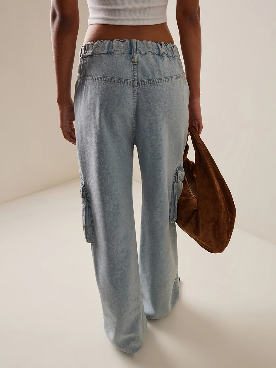 

Women s Y2K Denim Pants Sky Blue Baggy Wide Leg Jeans with Multi Pockets