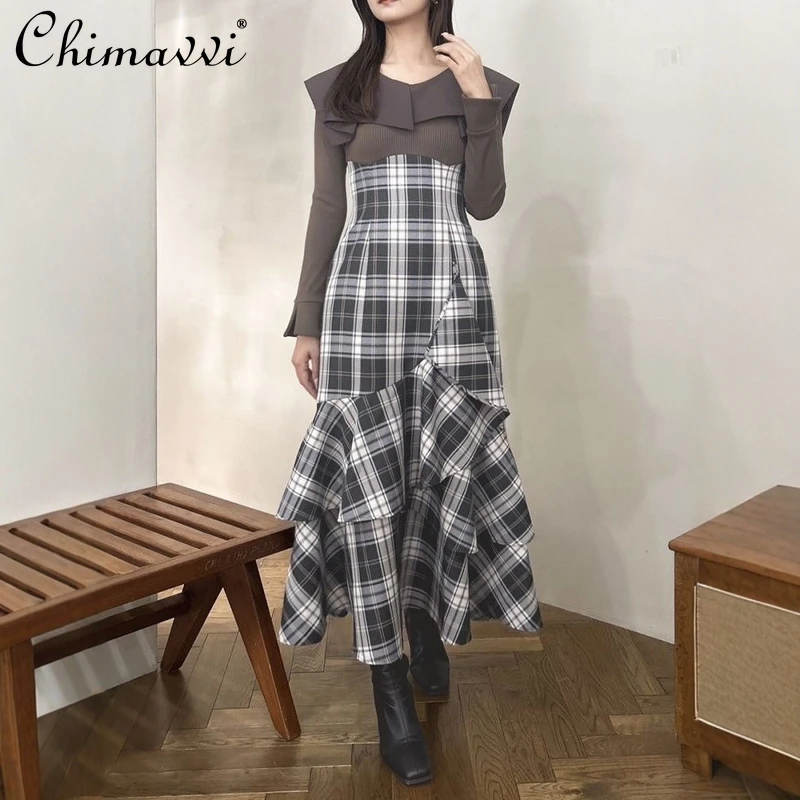 Japonês plissado hem emenda em camadas fishtail vestido primavera e verão nova moda magro manga comprida lapela elegante vestidos longos