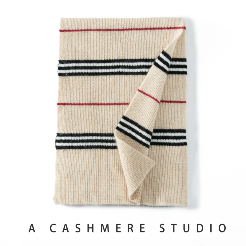 THYFGT 100% cashmere scarf, women's autumn and winter warm striped color blocked scarf, fashionable Korean light luxury scarf