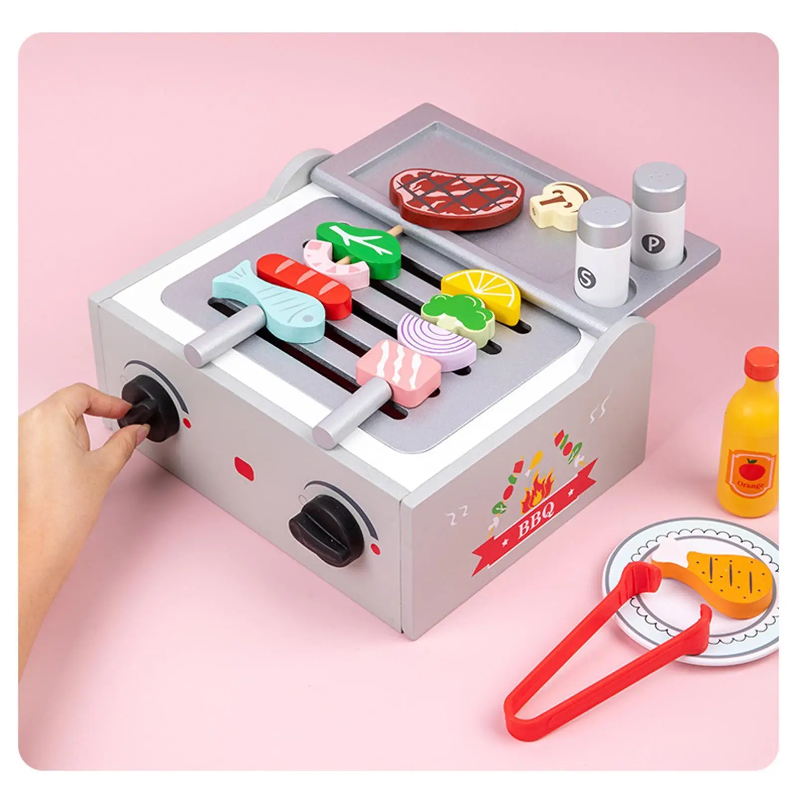 Juego de comida para barbacoa de madera, juguetes para parrilla para niños, juego de juguetes de cocina, juego de cocina para barbacoa para niños pequeños, regalos de cumpleaños