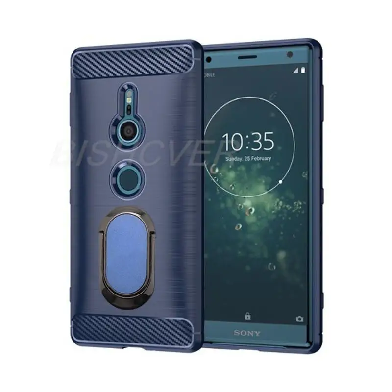 For Sony Xperia XZ2 Brushed Carbon Fiber Soft Silicone Phone Case For Sony Xperia XZ2 Compact Magnetic Ring Stand Cover