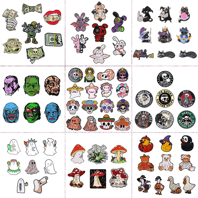 3-16pcs/set Halloween Skeleton Ghost Series Enamel Pin Horror Movies Role Ghost Skull Face Voodoo Doll Knife Brooch Jewelry Gift