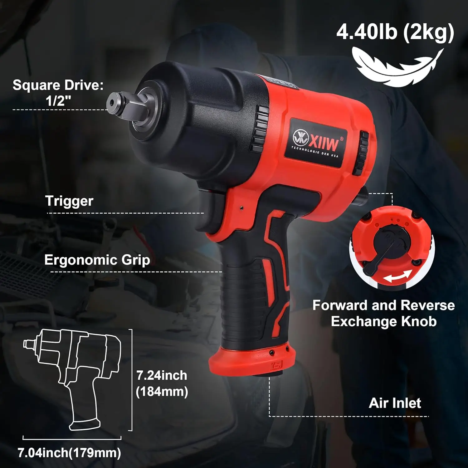 1/2 Inch Air Impact Wrench, Max Torque 1560 ft-lbs, lightweight 4.4 lb Design, Air Impact Gun Includes 11 Pcs CR-V Steel Impact