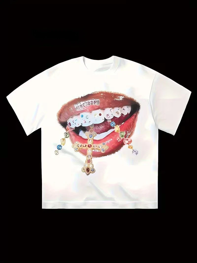 2026 Summer New Style Be Real No Cap Barbecue Lip Pattern Hip-Hop Design High-Quality Round-neck T-Shirt for Both Men and Women