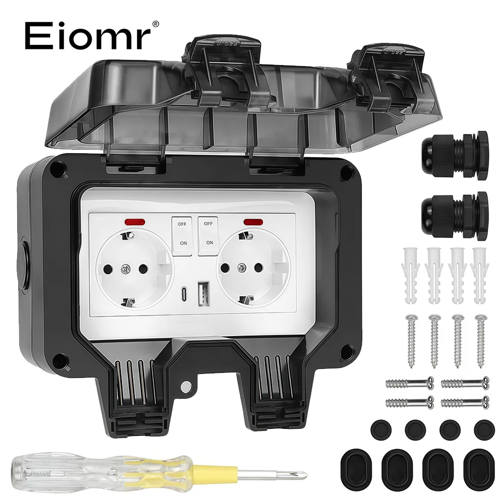 

EIOMR 16A 220V IP66 Waterproof Double Socket,Black Outdoor Power Outlet with Switch,With Type C Charging Port EU Standard Socket