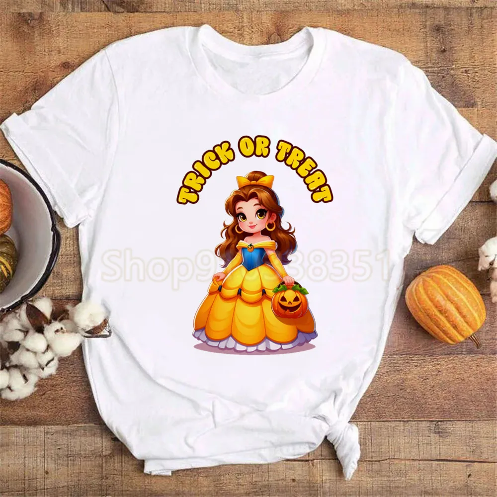 Princess Tiana Trick or Treat Cartoon Print Fun Pattern New Halloween O-Neck Fashion Trendy Style Women's Summer T-Shirt