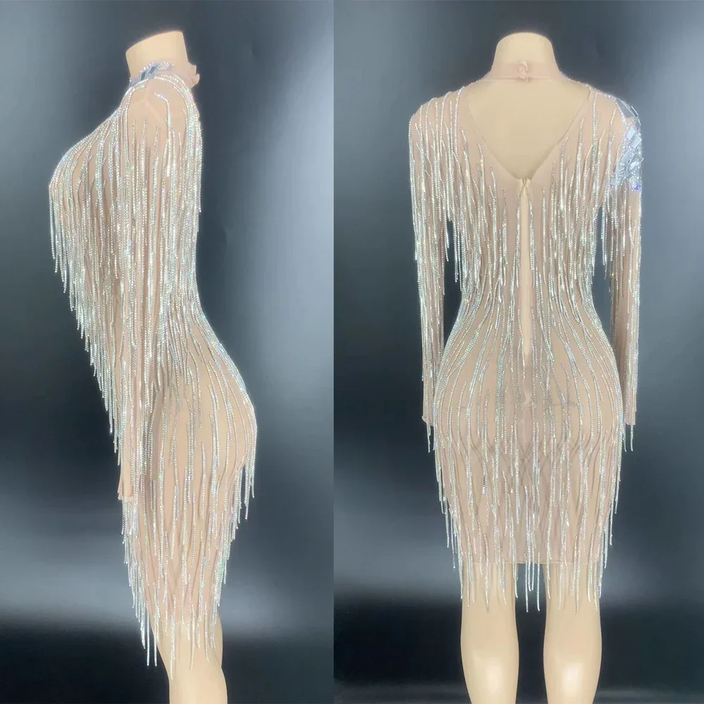 Błyszczące cekiny lustrzane odblaskowe kryształowe frędzle kobiety ubierają Backless sukienka z długim rękawem strój do klubu nocnego kostium na przyjęcie urodzinowe