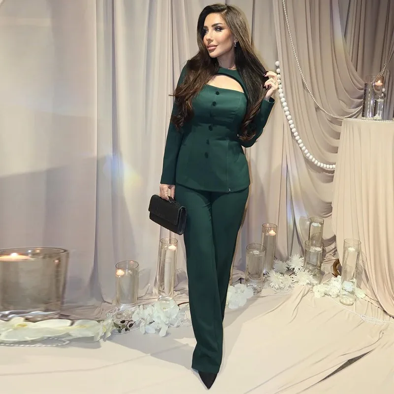 ヨーロッパ、アメリカ、アマゾン、冬の新作ファッション、上品なグリーンのウエストストレートパンツセット、海外貿易、越境婦人服