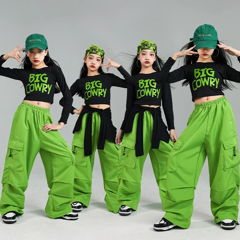 Kinderen Street Dance Kostuum Hip Hop Zwart Tops Groene Broek Meisjes Kpop Jazzdans Podium Outfit Mode Casual Dancewear AMY1217