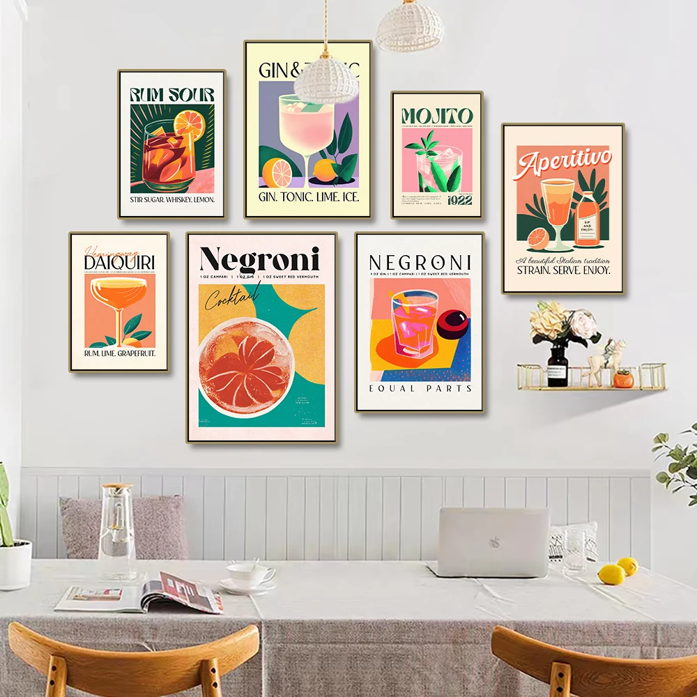 1pc Frameless Cartoon Cocktail Drinks Negroni Daiquiri Posters Retro Mojito Canvas Prints Wall Art Bar Kitchen Home Decor
