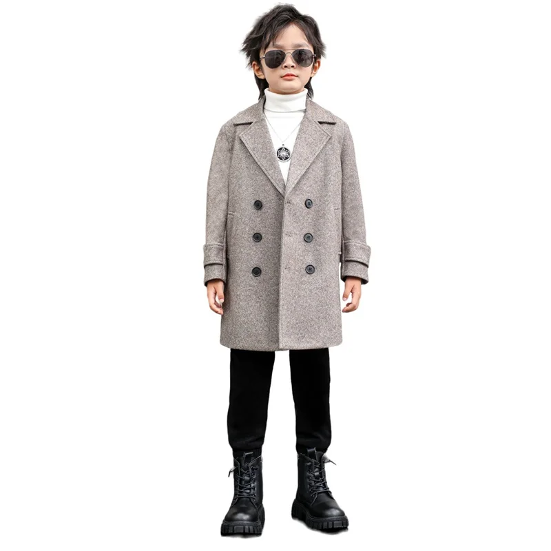 Boys Woolen Coat Overcoat Jacket Windbreak 2024 Casual Warm Plus Thicken Autumn Winter Cotton School Children's Clothing