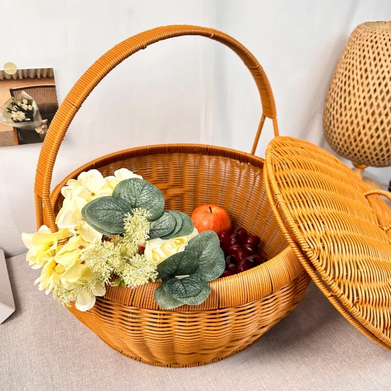 Imitation Vine Wedding and Housewarming Novice Basket for Picnic Round Cover Basket