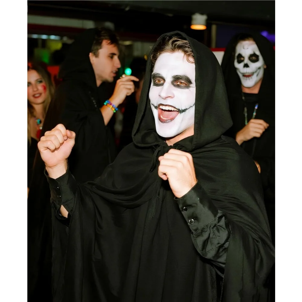 Black Cape Cloak Warrior Costume for Adults Vampire Sorcerer Long Shirt Hooded Ghost of Horror Halloween Christmas Costume Cape view 3