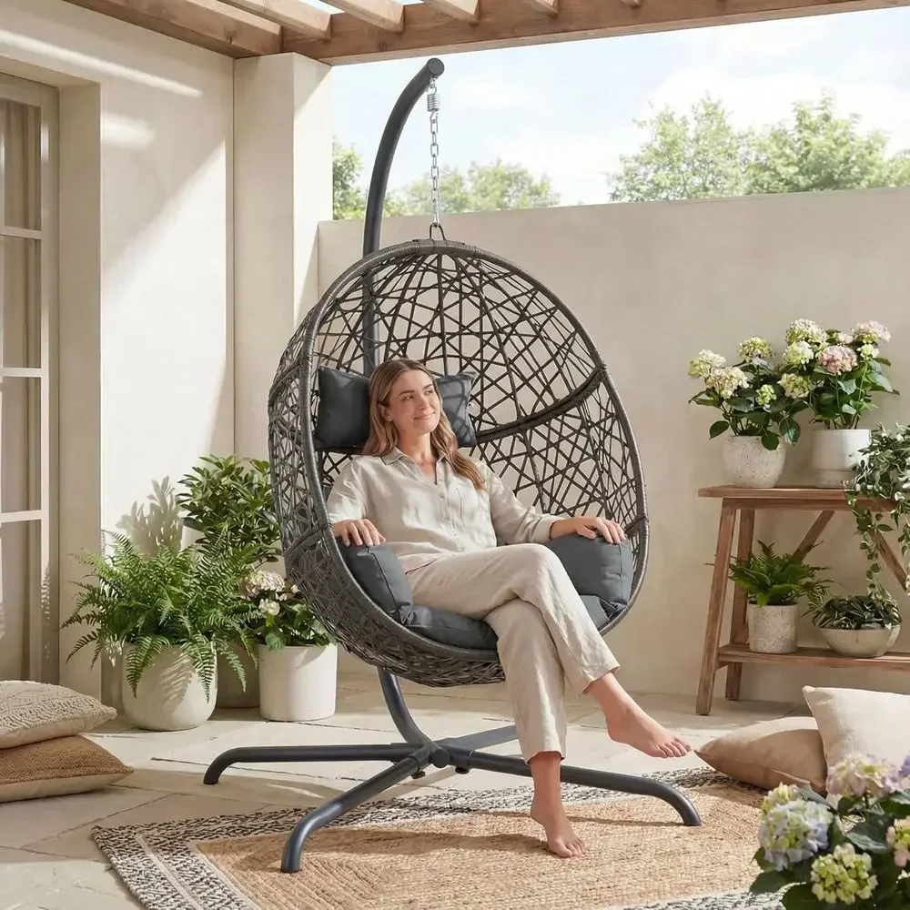 UV-Resistant Wicker Swing Chair with Stand, 450lbs Capacity, Oversized Hanging Seat with Cushion, Suitable for Indoor or Outdoor