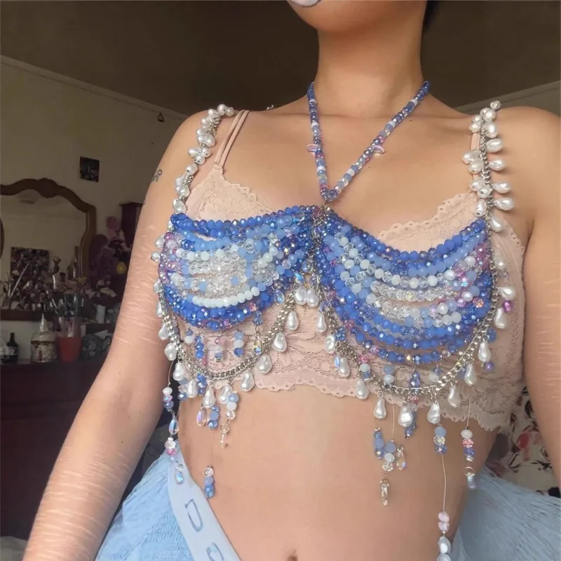 Pearls Rhinestons Tassel Beaded Body Chain Women Hollow Out Halter Backless Vests Bustier Crop Tops Club Party Camisole Bralette