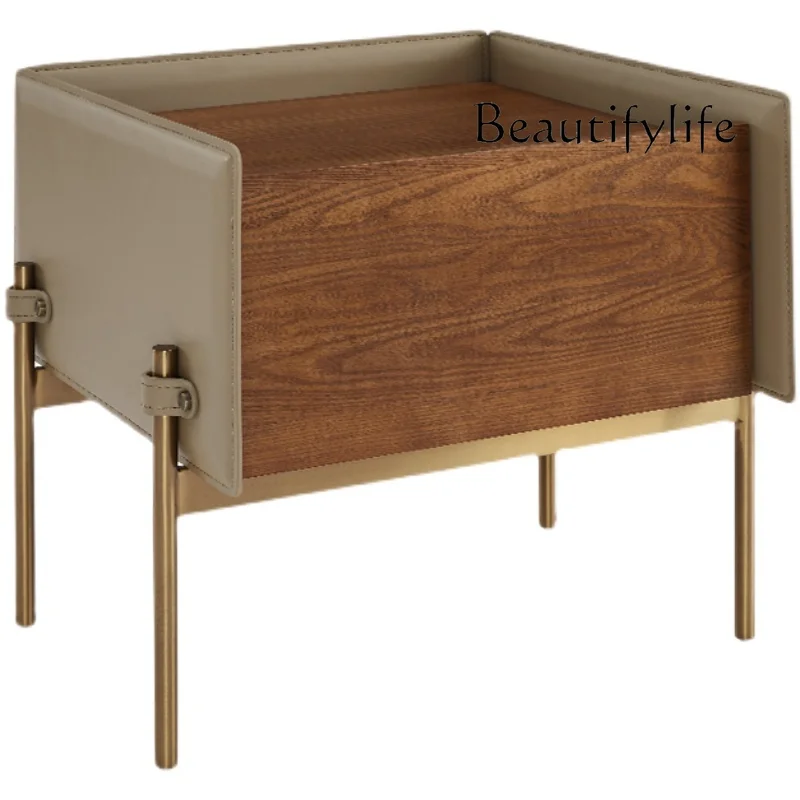 

Italian minimalist solid wood bedside table ash wood simple modern light luxury designer saddle leather