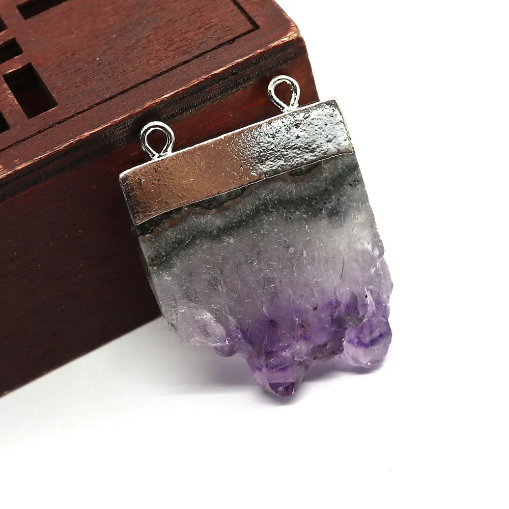 

1PC Irregular Natural Amethysts Necklace Pendant Double Holes Plated Connectors Charm Women's Necklace Jewelry Making Beach Gift
