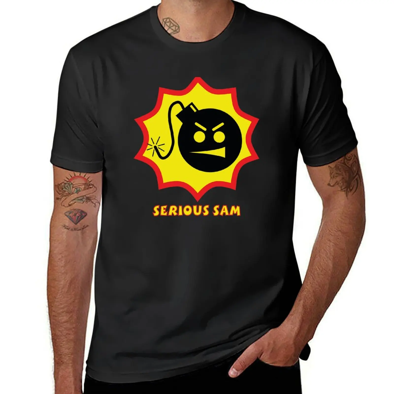 Serious Sam Bomb Logo Text Black T-Shirt animal prinfor boys customizeds blanks shirts graphic tees T-shirts for men cotton