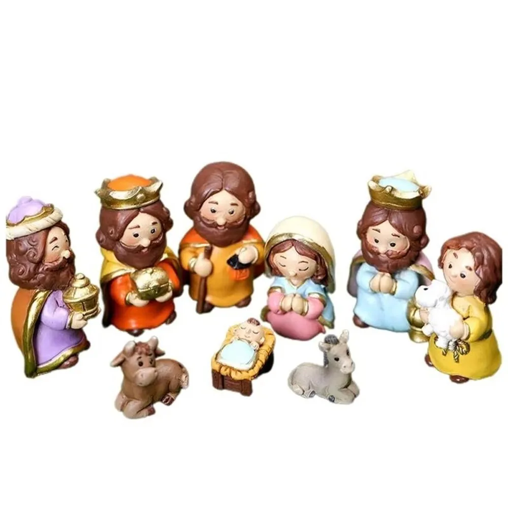 Resin Nativity Manger Ornament Miniature Cartoon Manger Group Hand Painted LED Lights Nativity Figurine Home Decor