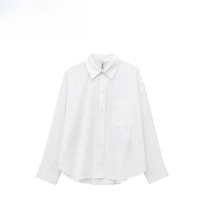 

ZAB Autumn New Women's Faion Design Large ape irt Diamond Decoration Street Sle Long Sve Collar Polyester Fiber