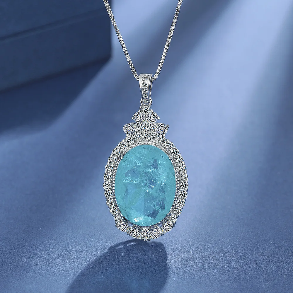 

925 Sterling Silver Diamond Blue Round Zircon Luxury Necklace Birthday Party Wedding Gift