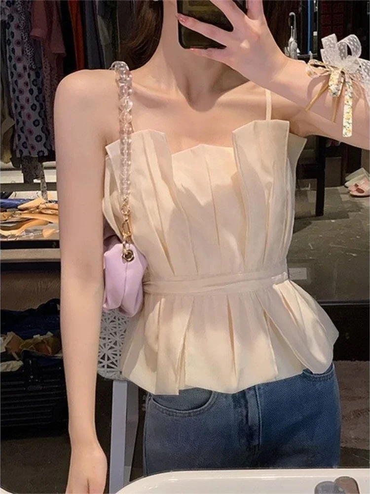 Camisole Women Folds Pure Classics Creativity Cozy Korean Style Tender Simple All-match Summer Ladies Hotsweet Leisure Vacation