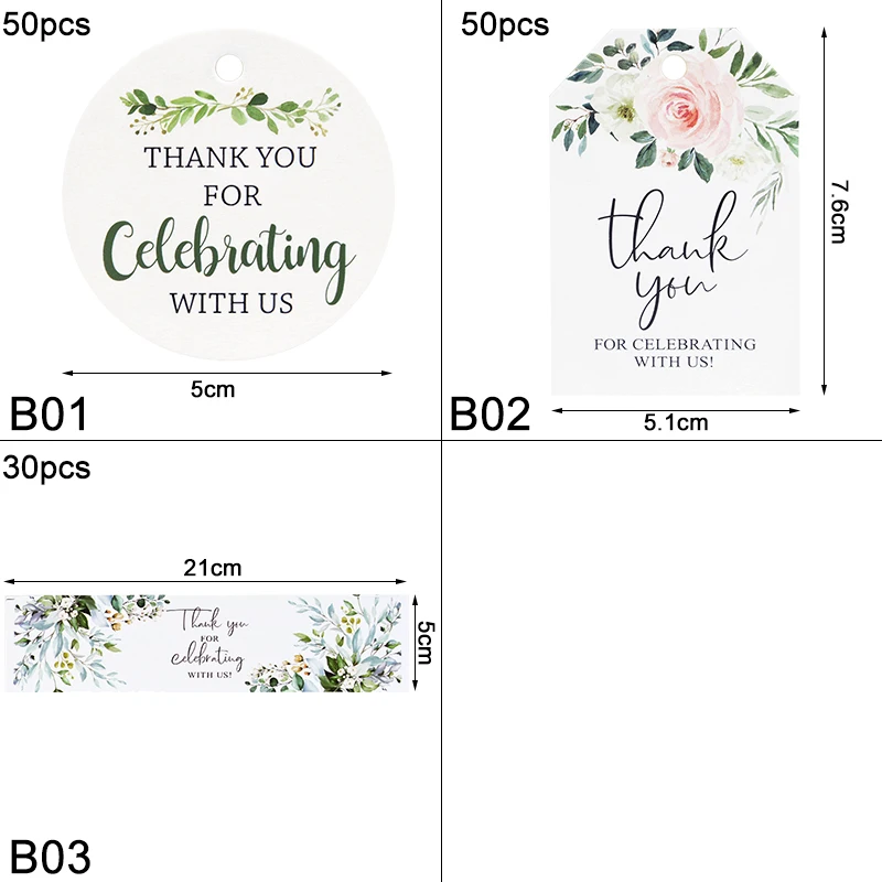 30/50pcs Thank You Gift Tag Green Leaves Floral Paper Card Hang Tags Wedding Birthday Party Water Bottle Wrapping Labels Sticker