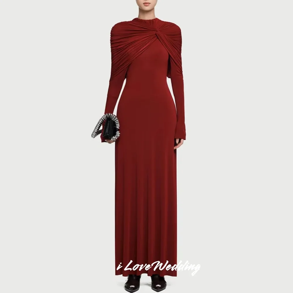 

Red O-Neck Evening Dresses 2025 Long Sleeve Mermaid Slimming Pleated Prom Dresses Ankle-Length Wedding Party Dress Customized