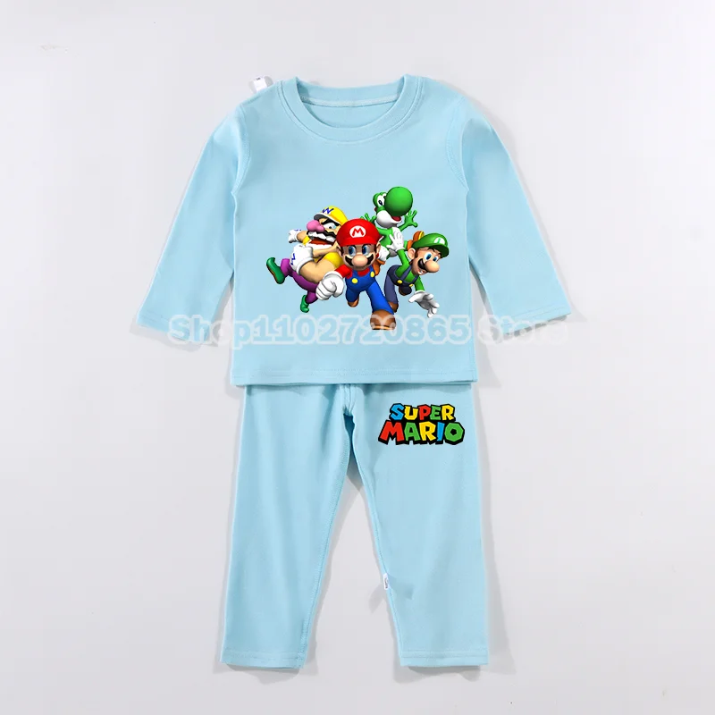 Super Mario Pajamas Set Autumn Winter Boys & Girls Derong Basic Soft Warm Long Sleep Clothes Cute Cartoon Clothes Christmas Gift