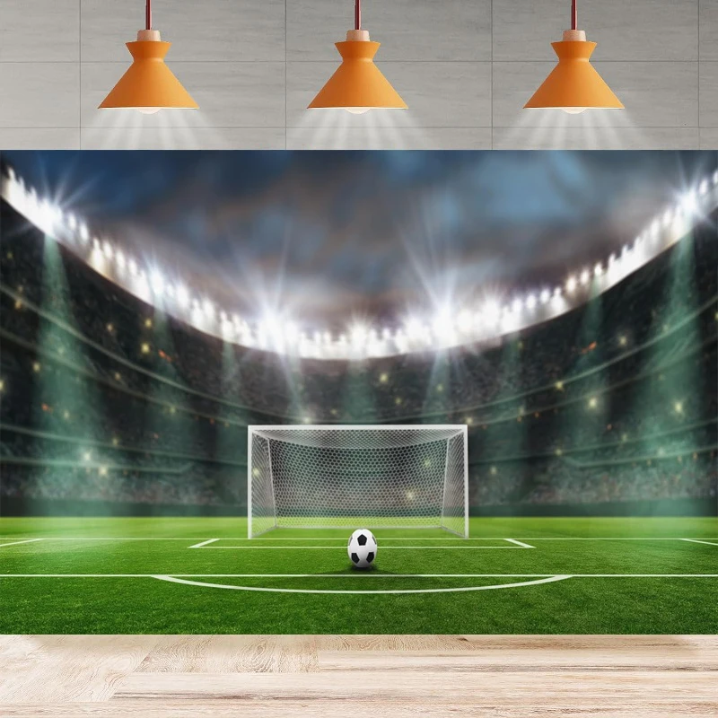 Fondo de fotografía de campo de fútbol para fiesta, poste de portería de campo de fútbol, campo de hierba verde, Bola de estadio, cartel de pared de fondo de foco