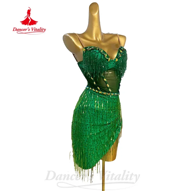 Latin Dance Costume Senior AB Stones Tassel Dress Adult and Child Customized Tango Samba Rumba Professional Competition Dresses
