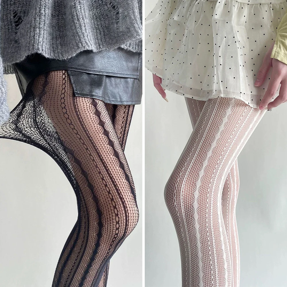 Retro Sexy Lace Fishnet Pantyhose Fashionable Vertical Stripes Lolita Style Stockings Black White Grey Red Fishnet Pantyhose