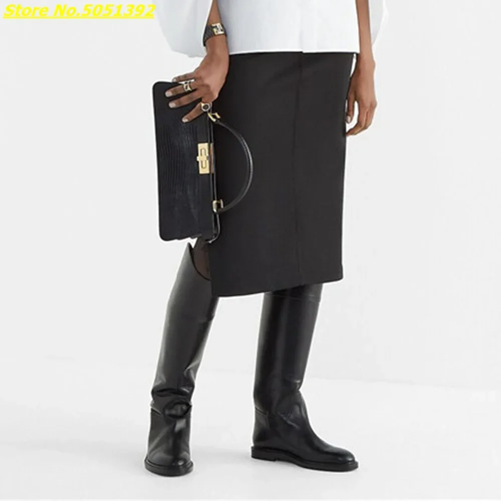 Leather Low Heel Knee High Boots Round Toe Brown White Black Stylish Fashion European Dress Runway Women Boots Hee 2.5 cm