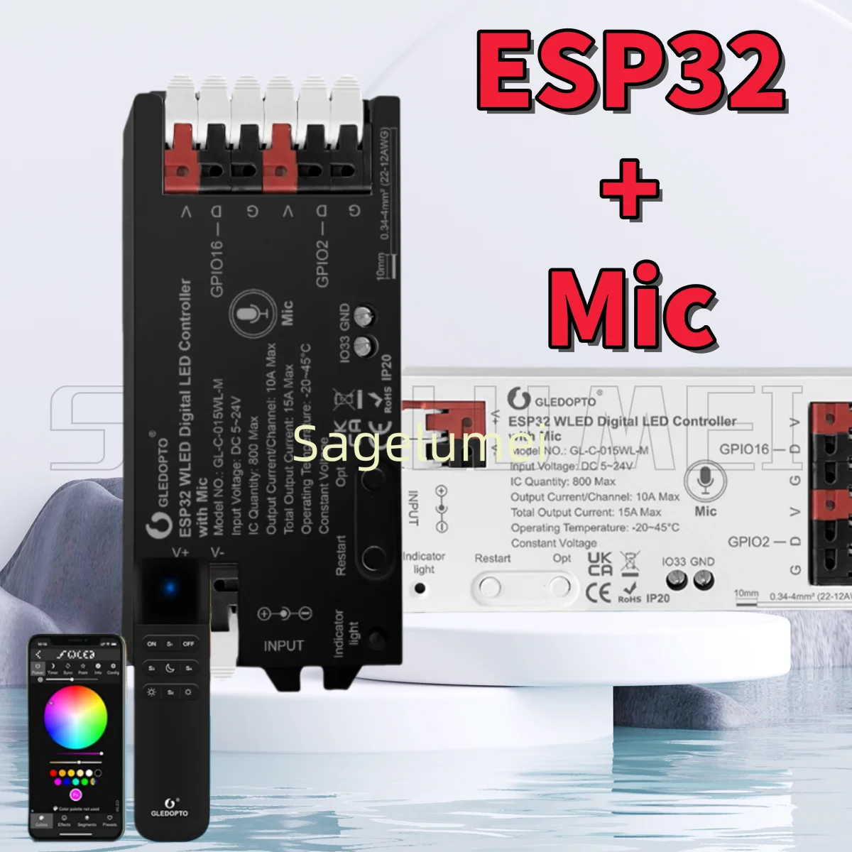 GLEDOPTO ESP32 Mic 5V 12V 24V WLED Strip LED Controller SPI RGB IC Digital Microphone Lights WS2811 WS2812b Sound Reactive Music