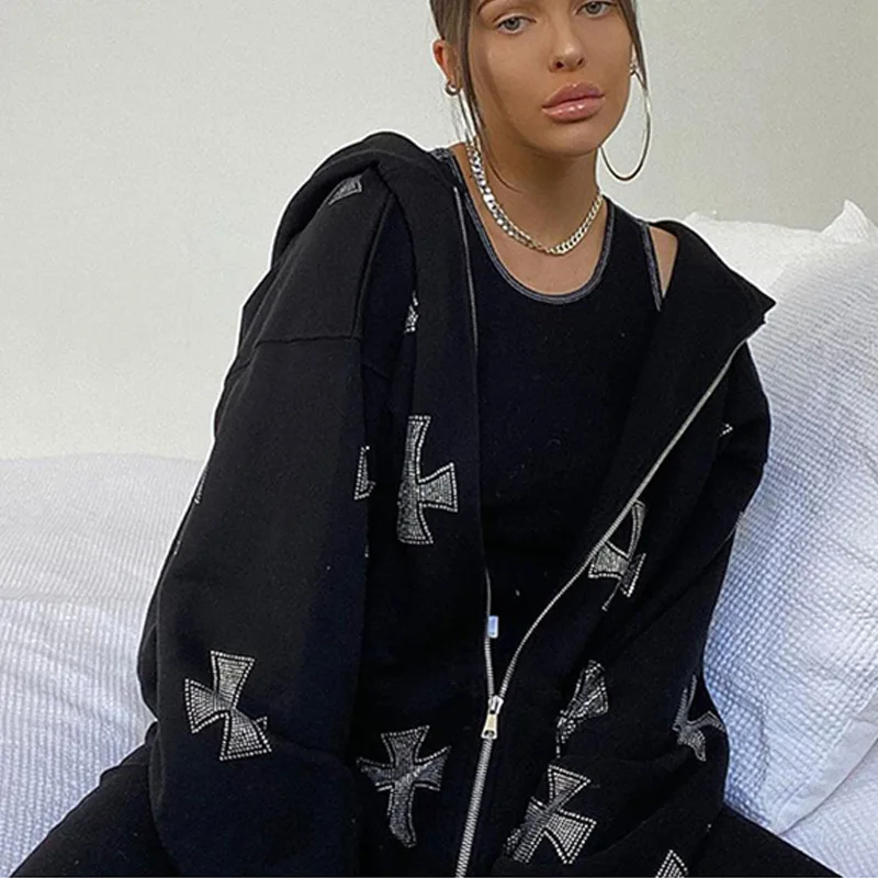

Women's Fashion Rhinestone Cross Print Y2k Zip Up Hoodies Men Vintage Long Sleeve Coat Oversized Gothic Jacket Autumn Streetwear