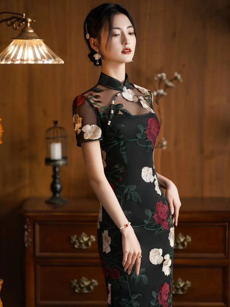 

Black Lace Embroidered Flower Cheongsam Spring Summer New Retro Improved Young women's Clothing Women Elegant Daily Qipao