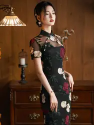 Black Lace Embroidered Flower Cheongsam Spring Summer New Retro Improved Young women's Clothing Women Elegant Daily Qipao