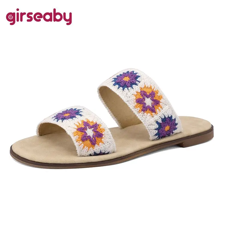 

Girseaby Новые дизайнерские женские сандалии в стиле ретро с круглым носком без шнуровки на плоской подошве, разноцветные нескользящие уличные повседневные летние туфли размера плюс