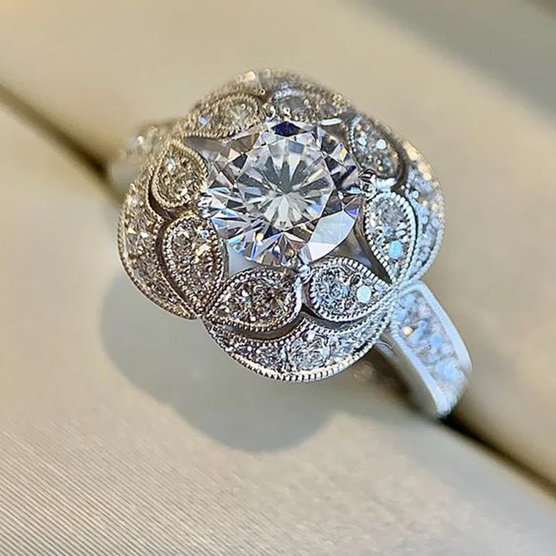 

Fashion Chinese Style Ethnic Jewelry - Retro Flower Zircon Ring Exquisite Floral Round Diamond Band for Women Daily Wear