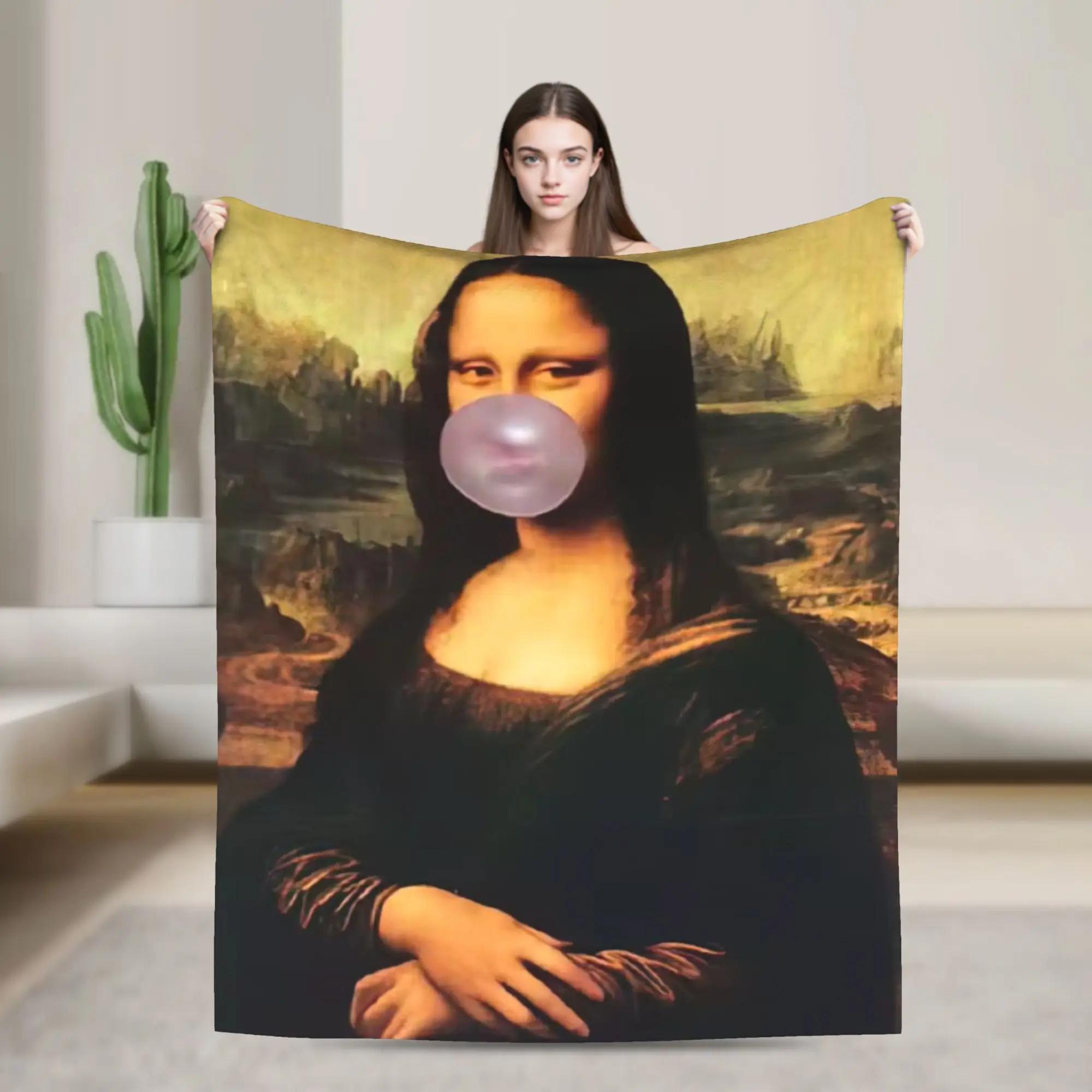 Manta rosa con diseño de Mona Lisa, manta cálida y cómoda para sofá, silla, viaje en avión, colcha de franela, cubrecama
